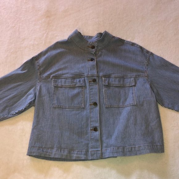 NWT Universal Thread boxy striped jean jacket with band collar and chest pockets - Picture 8 of 13